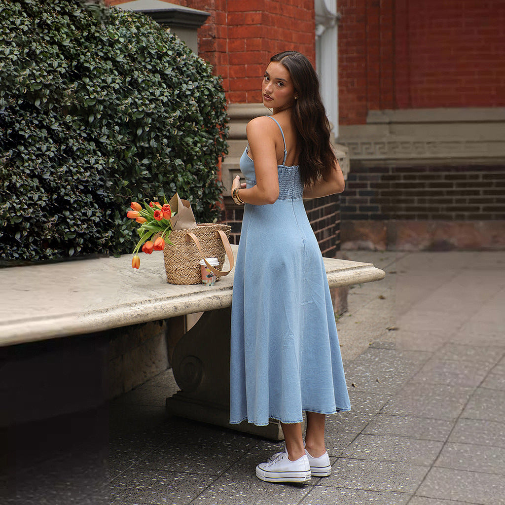 Women's maxi dress in denim style with fitted cut and spaghetti straps