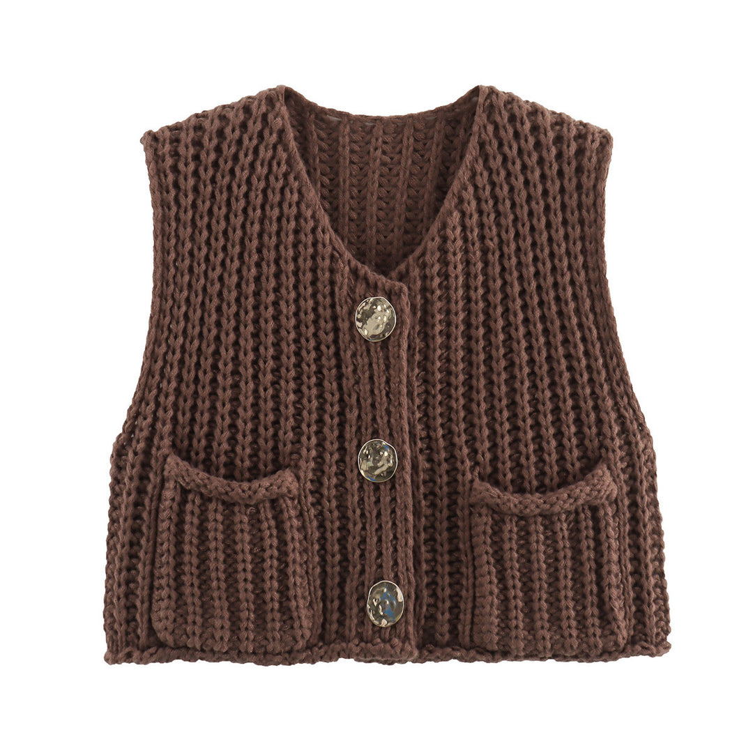 Knitted vest for women with decorative buttons and practical pockets Lune London
