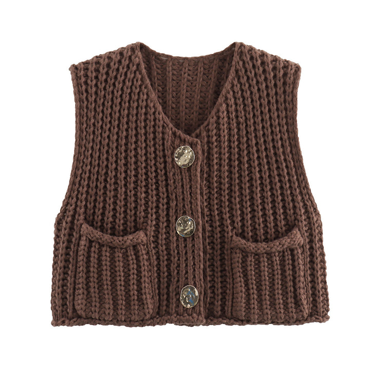 Knitted vest for women with decorative buttons and practical pockets Lune London