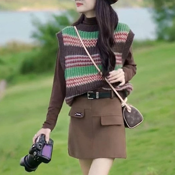 Casual knitted pullover for women, oversized, with a colorful striped pattern and a sleeveless design Lune London