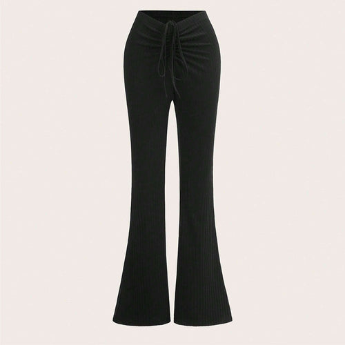 Pantalon à panneaux côtelés pour femmes avec taille haute et cordon de serrage latéral Chic & Stil