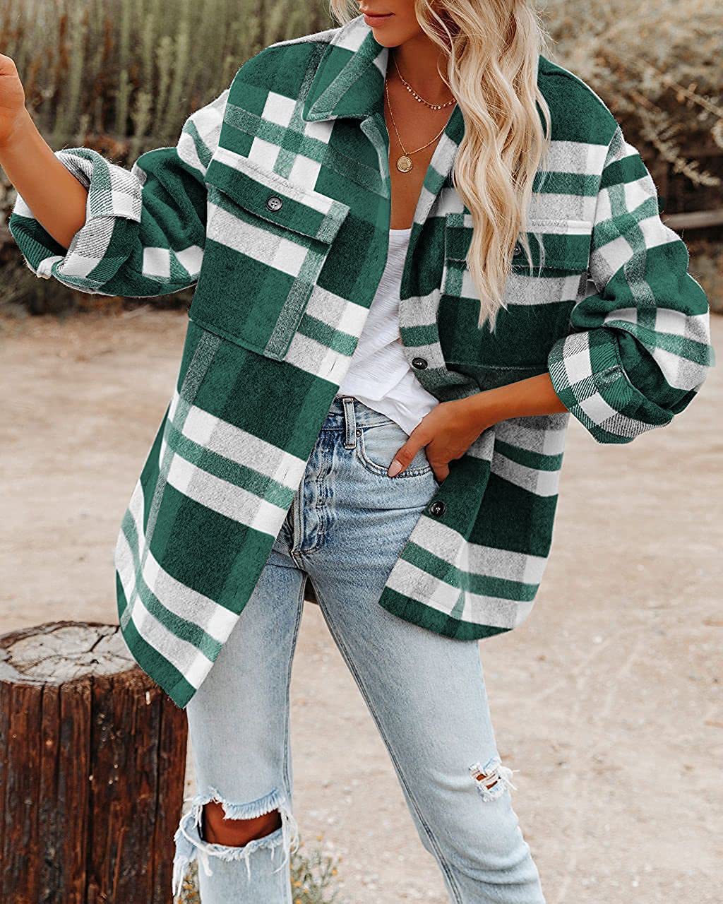 Chic and Stylish Women's Flannel Jacket with Plaid Pattern