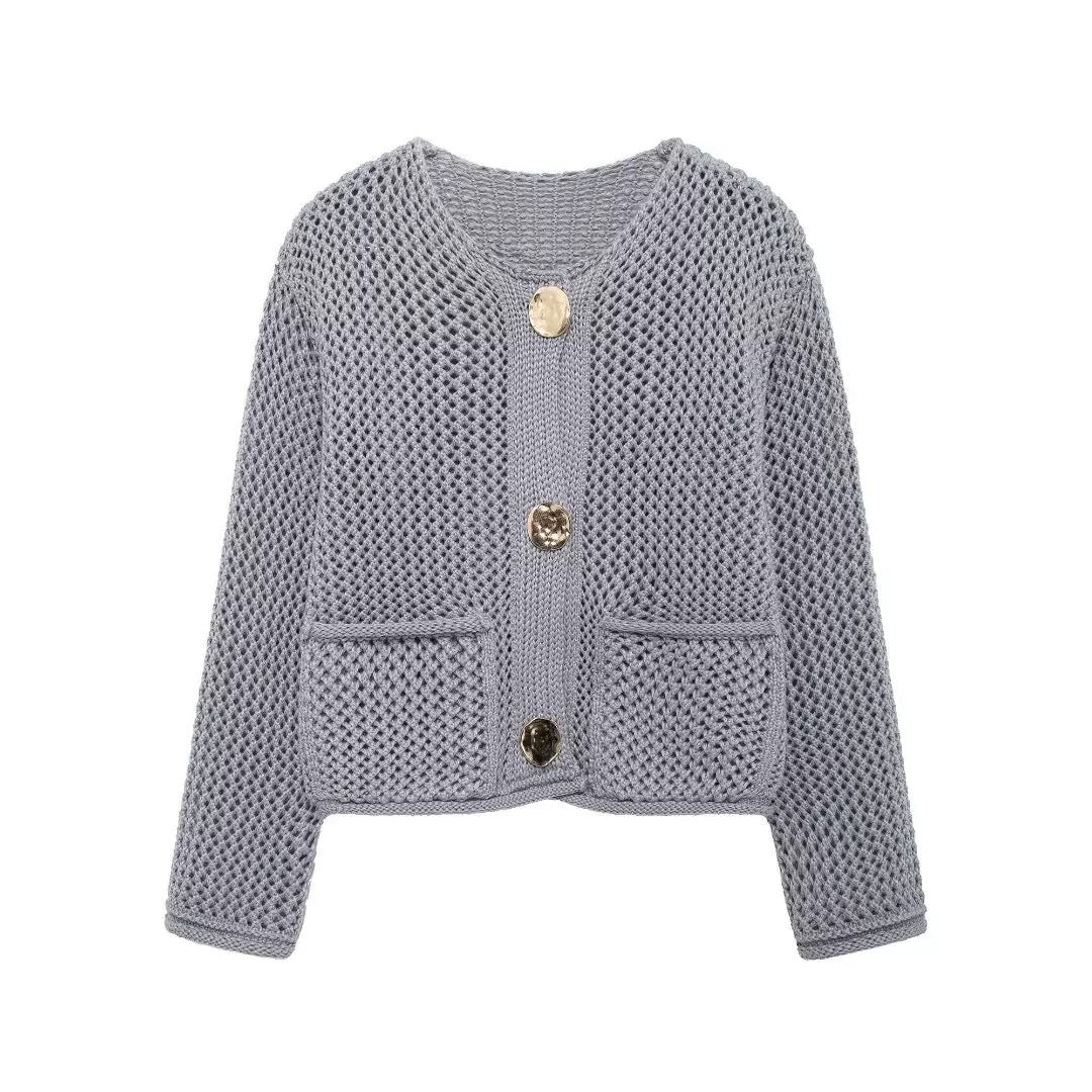 Cardigan pour femmes avec structure en mesh et grands détails de bouton Chic & Stil