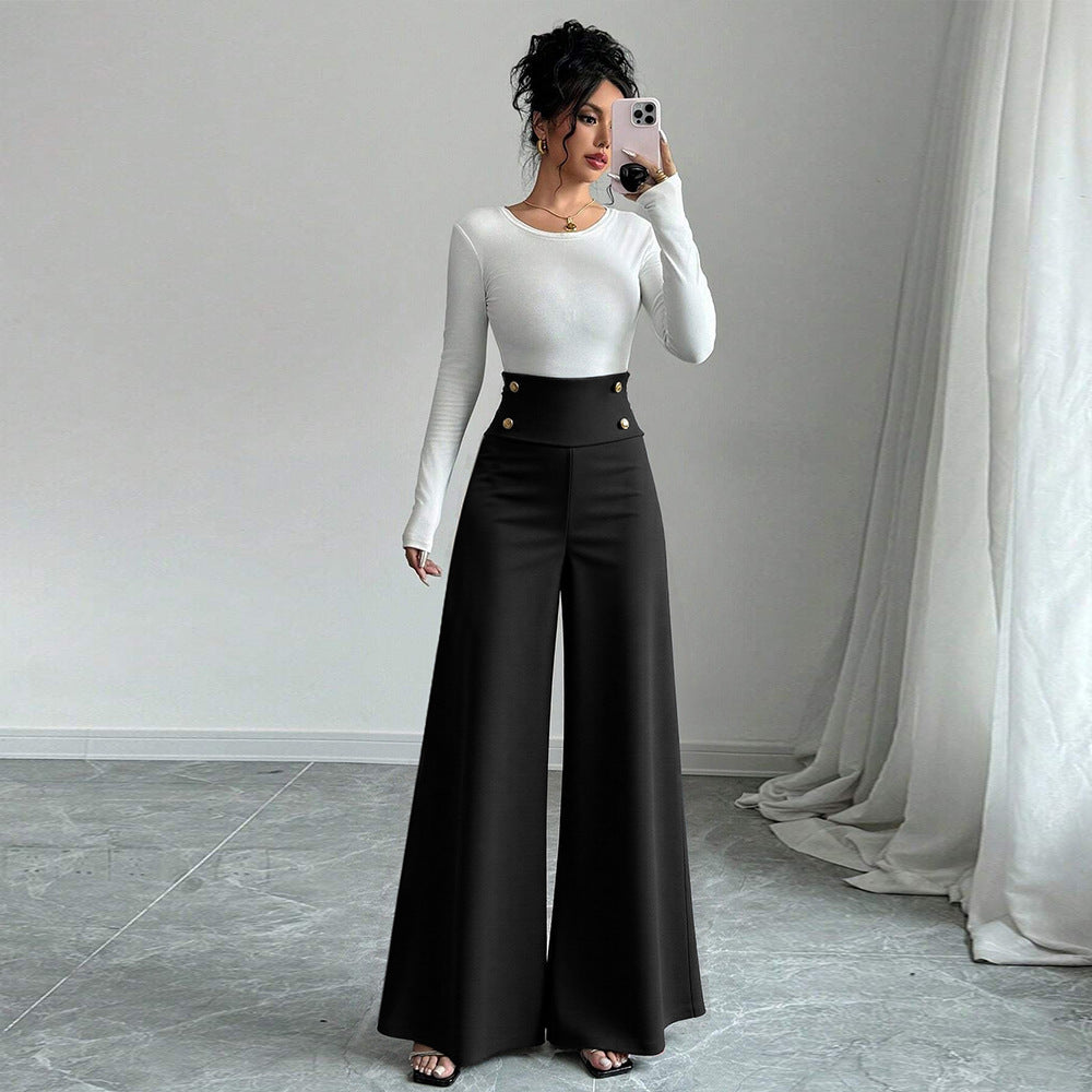 Pantalons Palazzo larges pour femmes avec taille haute et détails de bouton décoratif Chic & Stil