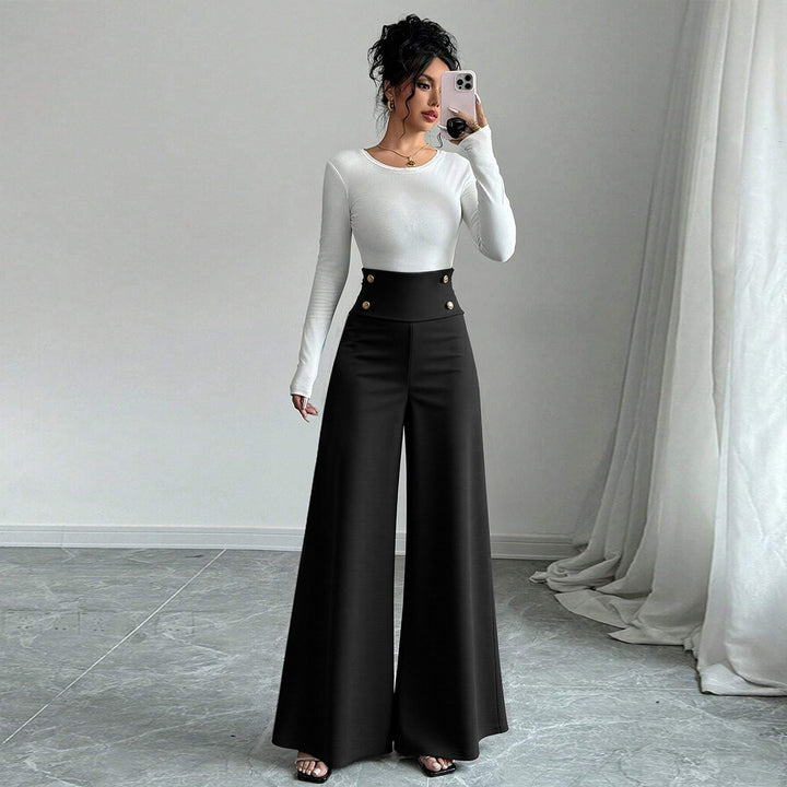 Pantalons Palazzo larges pour femmes avec taille haute et détails de bouton décoratif Chic & Stil