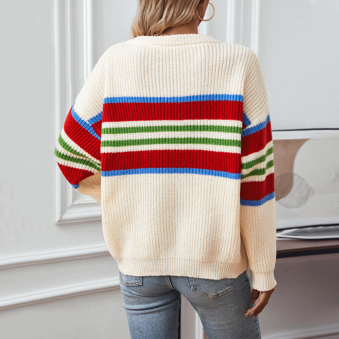 Casual knitted sweater for women with colorful stripes and a round neck Lune London
