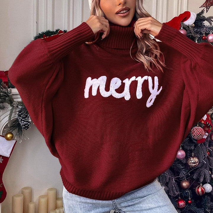 Oversized turtleneck sweater for women with festive inscription Chic and Style