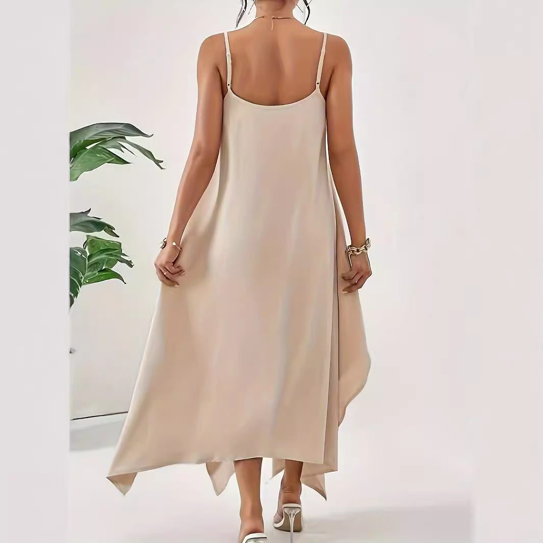 Aerial maxi dress for women with asymmetrical hem and thin spaghetti straps Lune London