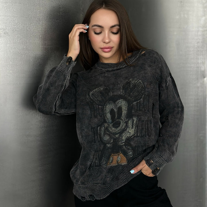 Oversized ladies sweatshirt with creative Disney pattern and trendy hole details Lune London