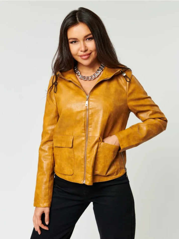 Faux leather jacket for women with integrated hood and practical pockets Lune London