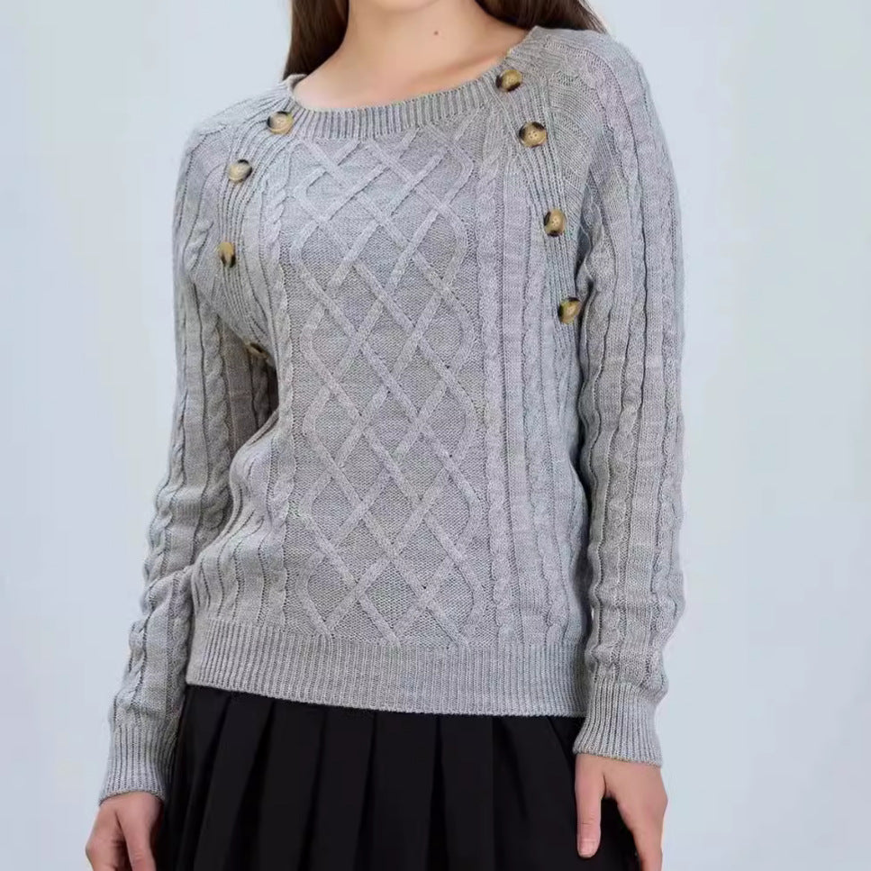 Women's knitted sweater with classic diamond pattern and decorative buttons Lune London