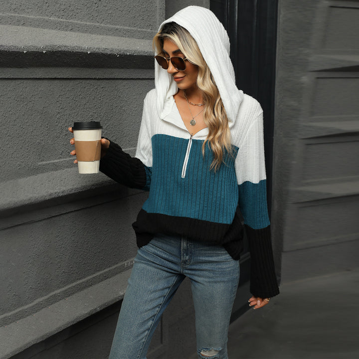 Ladies Casual Sweater with High Collar and Contrasting Stripes Lune London