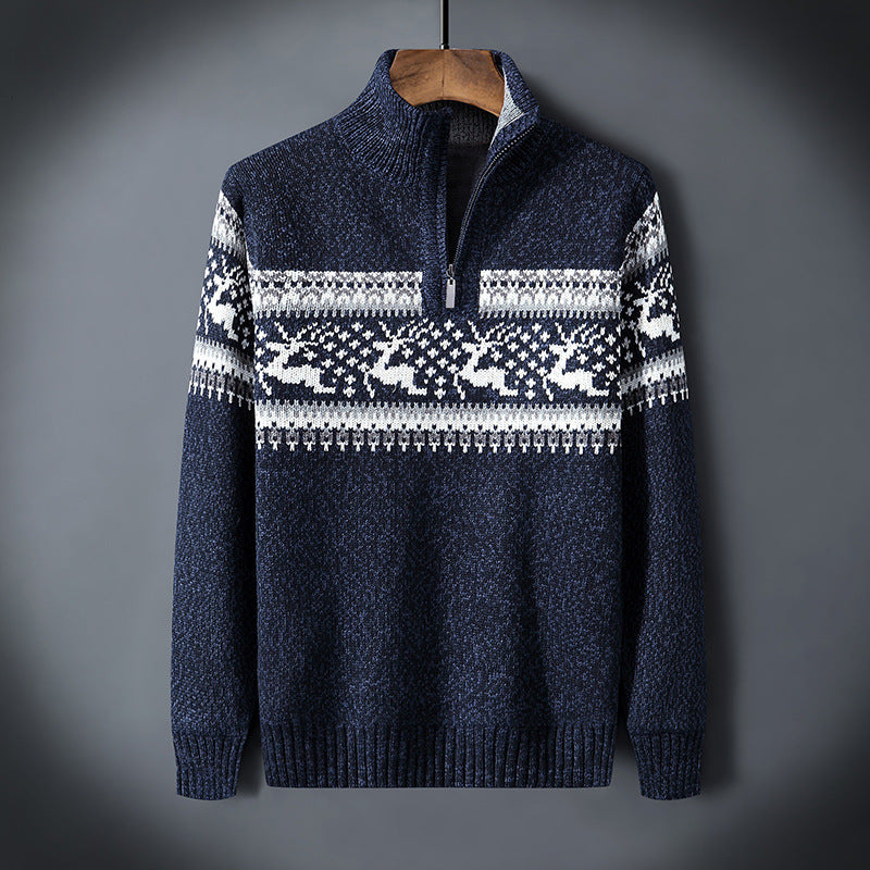 Lune London | Winter pullover for men - warm knitted pullover with half zipper & Scandinavian reindeer pattern