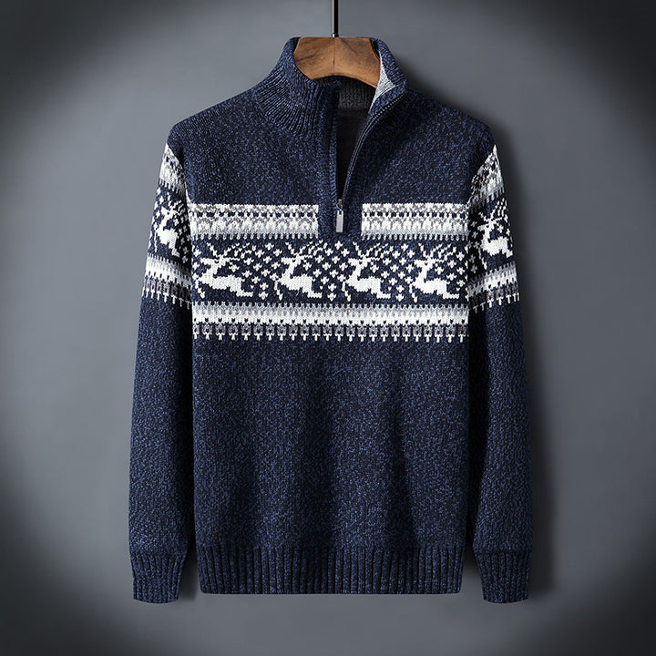 Lune London | Winter pullover for men - warm knitted pullover with half zipper & Scandinavian reindeer pattern