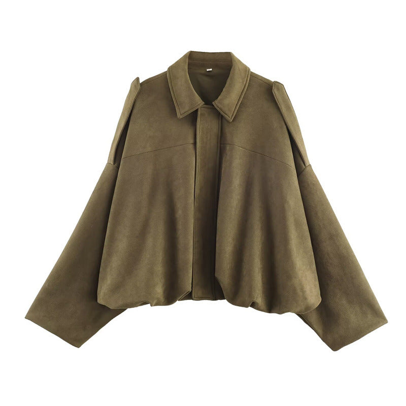 Ladies oversized suede jacket with a relaxed fit and practical shoulder details Lune London