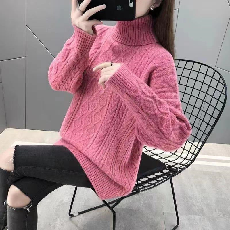 Chunky knit sweater for women with high collar and cable pattern Lune London