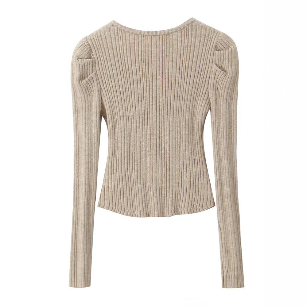 Women Long Sleeve T-shirt with Structured Round Rib Design and Elegant Button Details Lune London