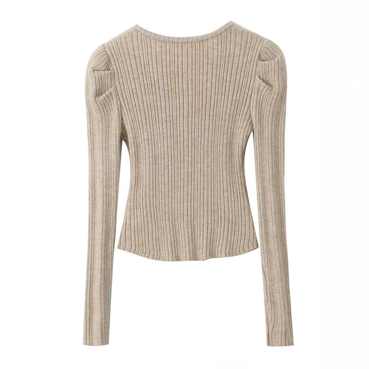 Women Long Sleeve T-shirt with Structured Round Rib Design and Elegant Button Details Lune London