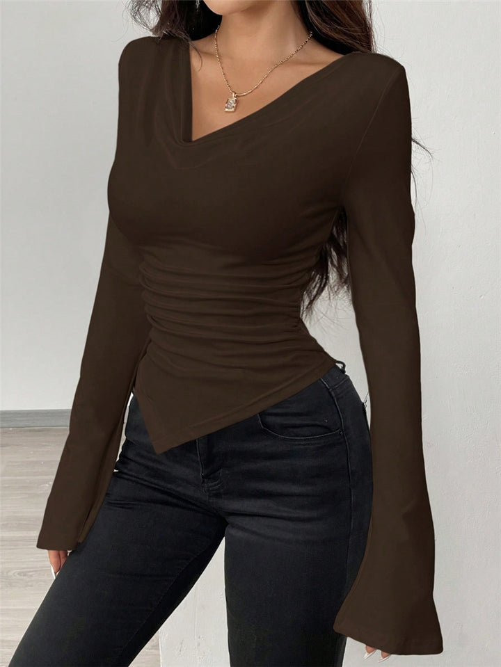 Long sleeve shirt for women with a flattering V-neck and unique draping Lune London