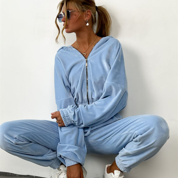 Ladies Velvet leisure outfit with drawstring and zip Lune London