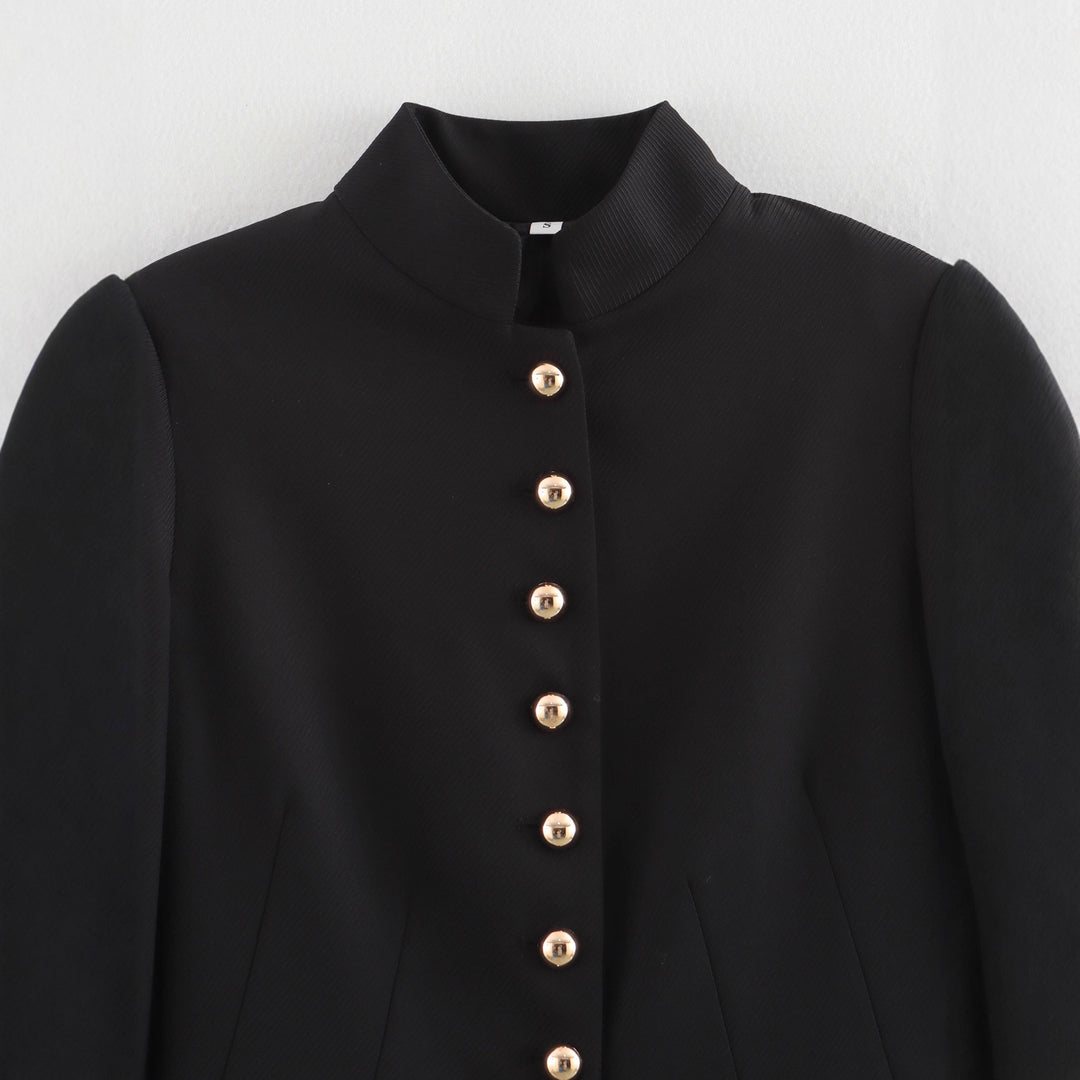 Elegant women's jacket with high collar and gold button details Lune London