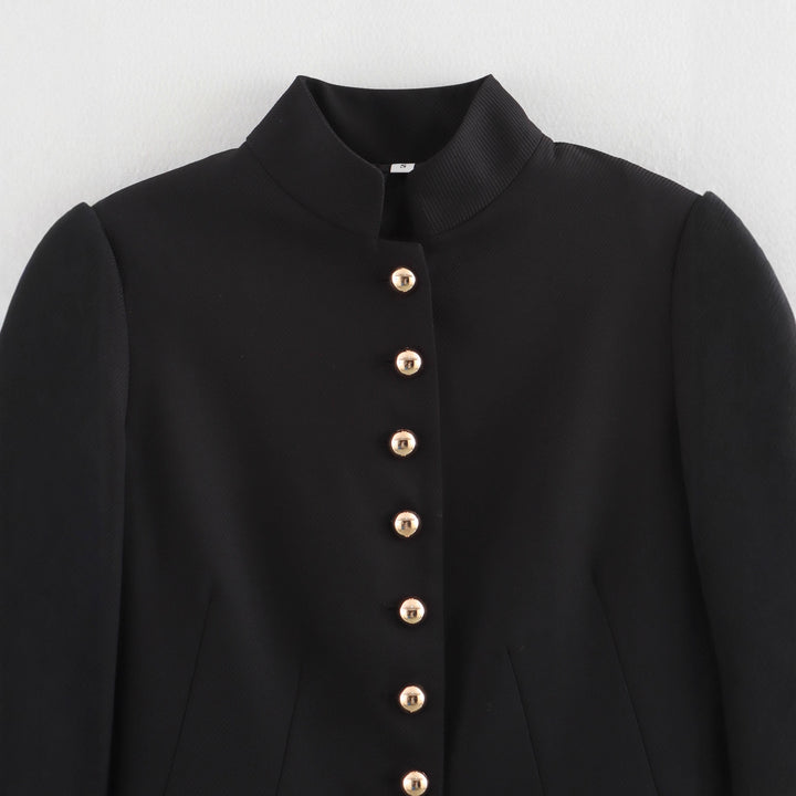 Elegant women's jacket with high collar and gold button details Lune London