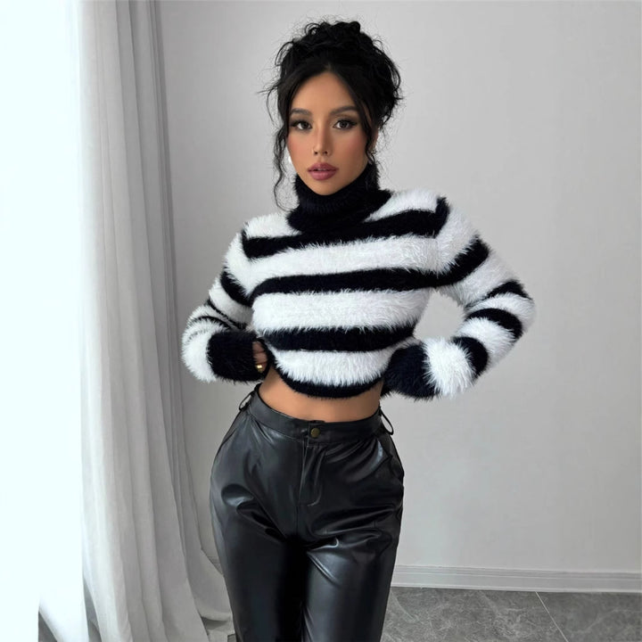 Fashionable knitted sweater for women with a trendy striped design and a high collar Lune London