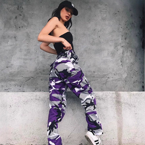 Women's cargo pants with a modern camouflage design, elastic waistband, and practical pockets Lune London
