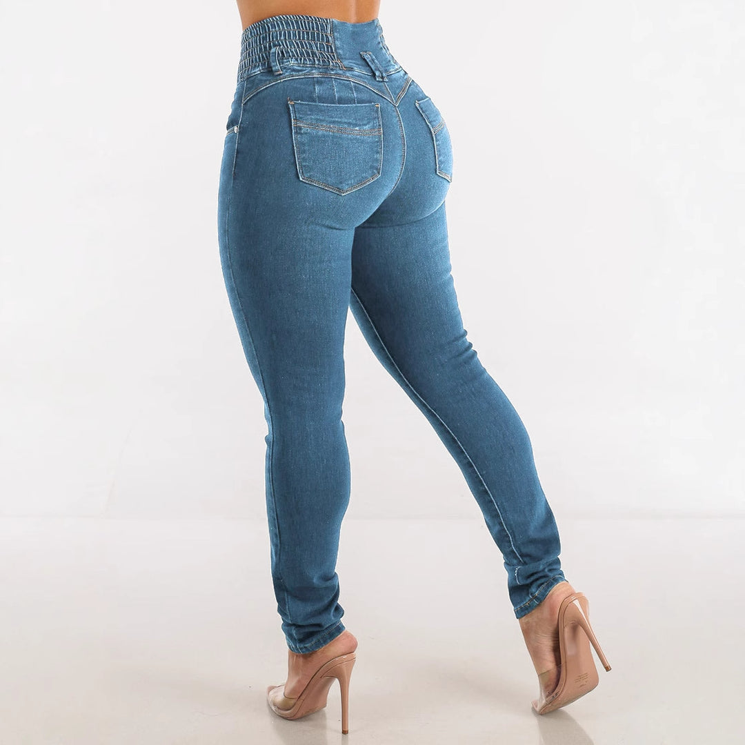 Women High-Waisted Jeans with Elastic Waistband and Button Details Lune London