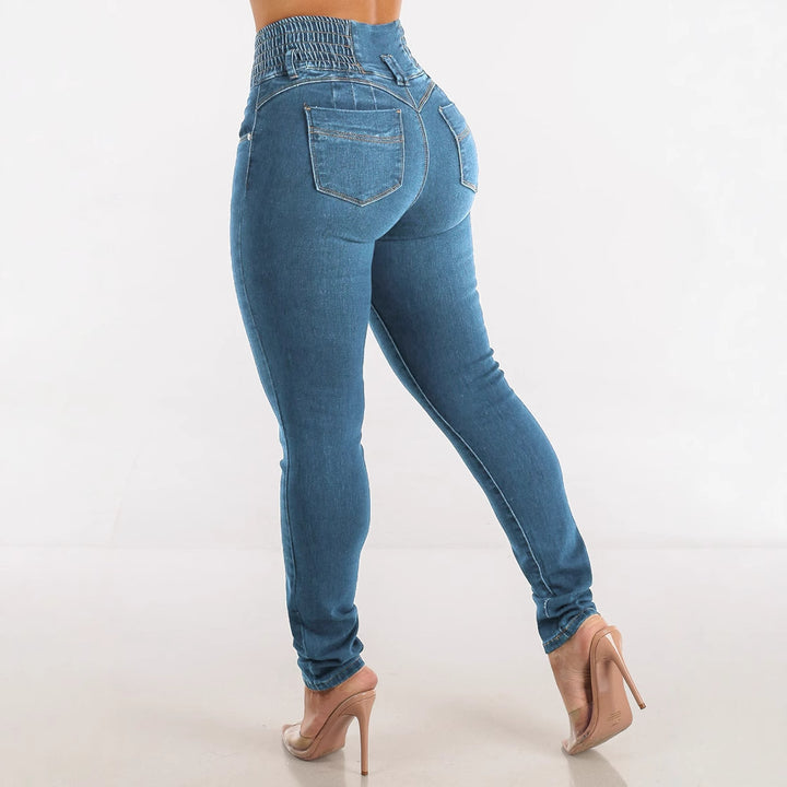 Women High-Waisted Jeans with Elastic Waistband and Button Details Lune London