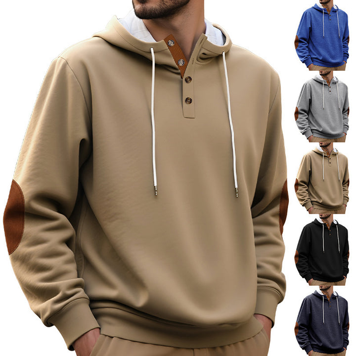 Hooded man with modern design of button placket and elbow patches Lune London