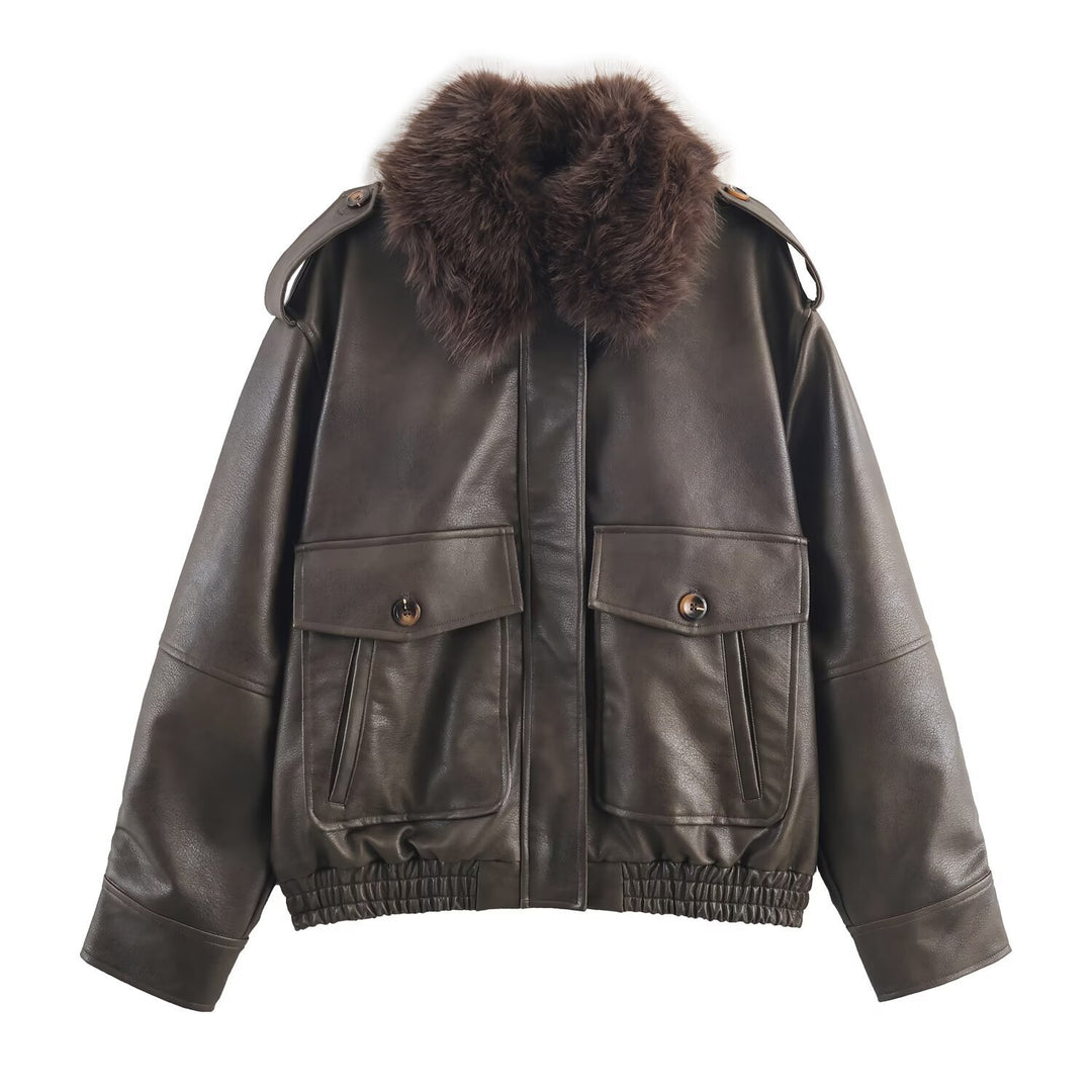 Elegant leather jacket for women with removable faux fur collar and practical pockets Lune London