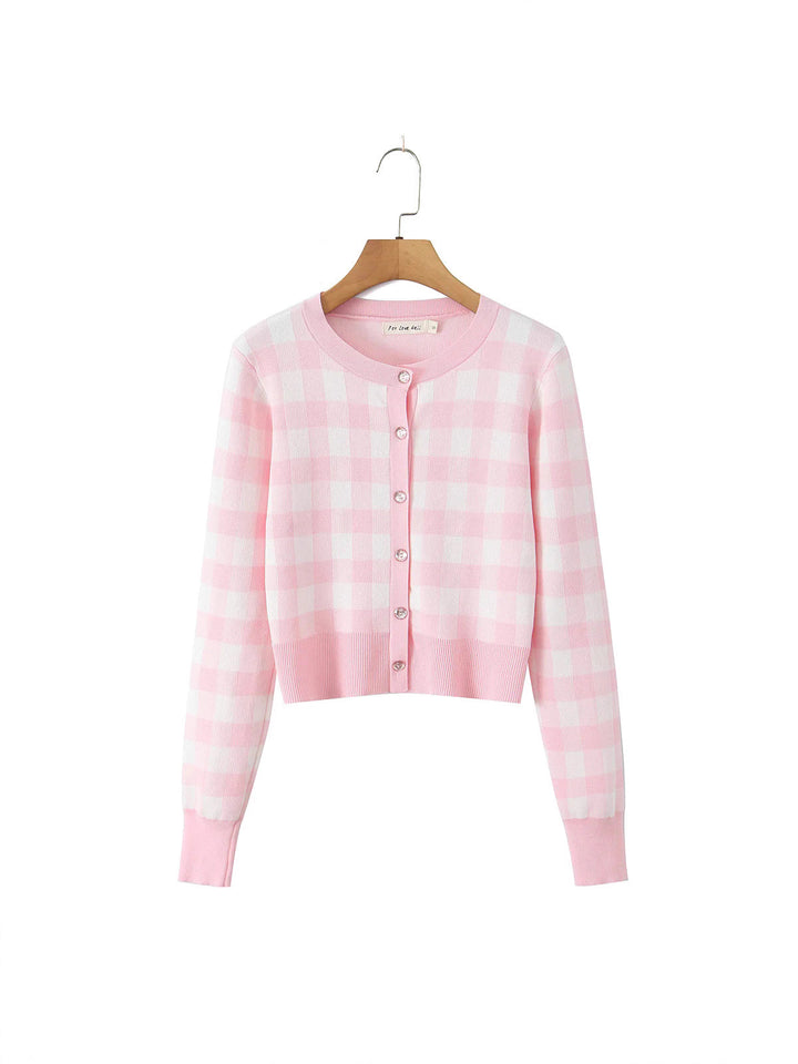 Ladies checked fashion cardigan with round collar and button closure Lune London