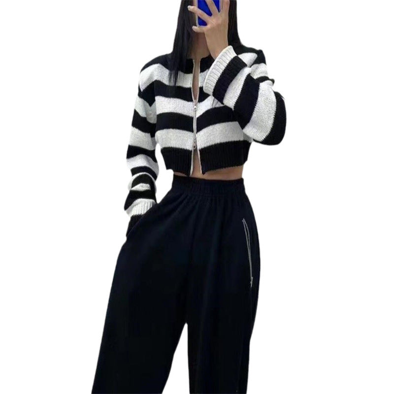 Ladies knitted jacket with high collar and wide stripes Lune London