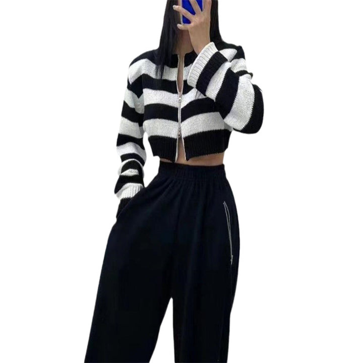 Ladies knitted jacket with high collar and wide stripes Lune London