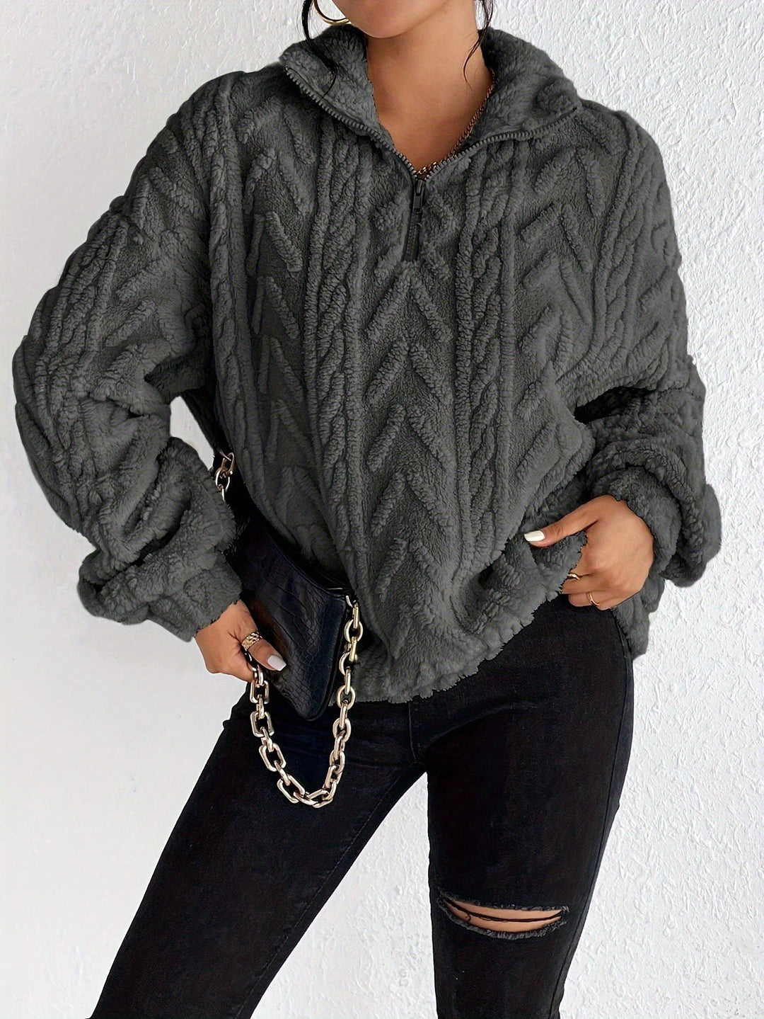 Ladies Cozy Fleece Sweater with High Collar and Zip Detail Lune London