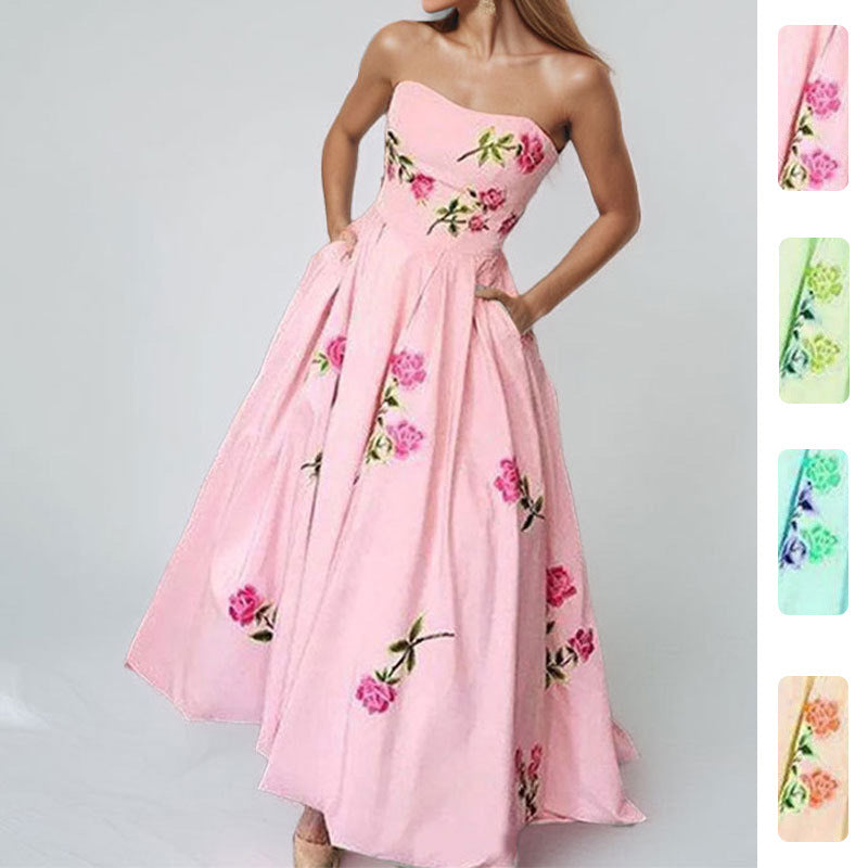 Robe maxi élégante sans bretelles pour femmes avec design floral et poches latérales Chic & Stil