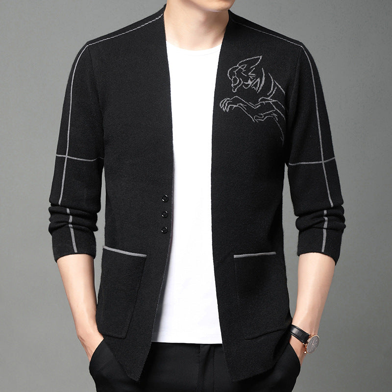 Elegant knitted jacket for men with embroidered design and practical pockets Lune London