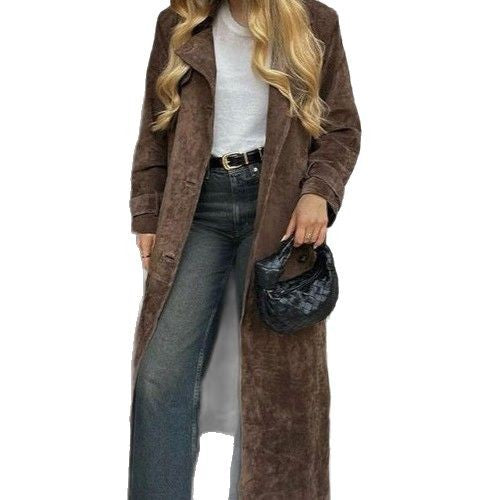 Elegant long suede coat for women with removable collar and practical pockets Lune London