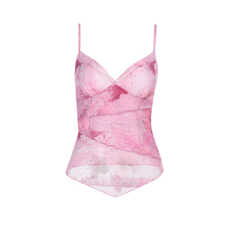 Ladies Floral Lace Top with Elegant Wrap Look and Fine Spaghetti Straps Lune London