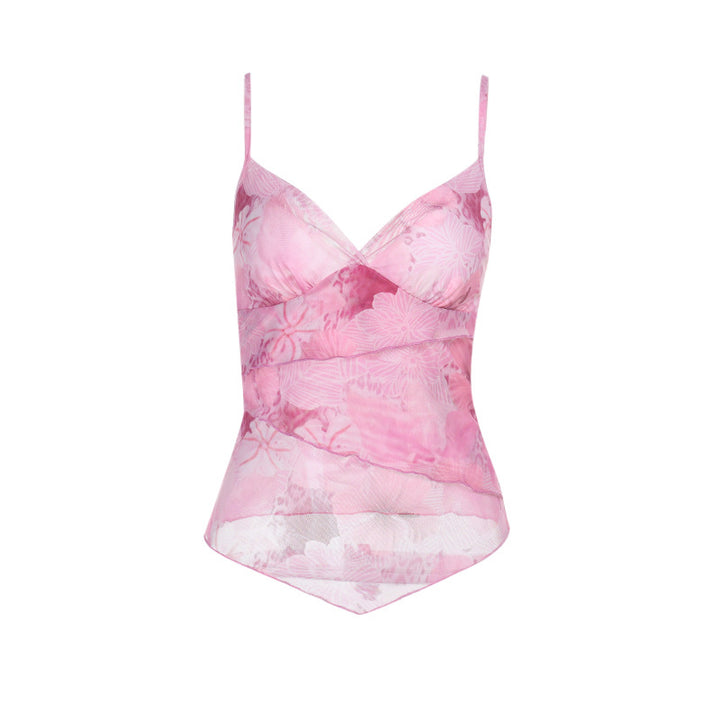 Ladies Floral Lace Top with Elegant Wrap Look and Fine Spaghetti Straps Lune London