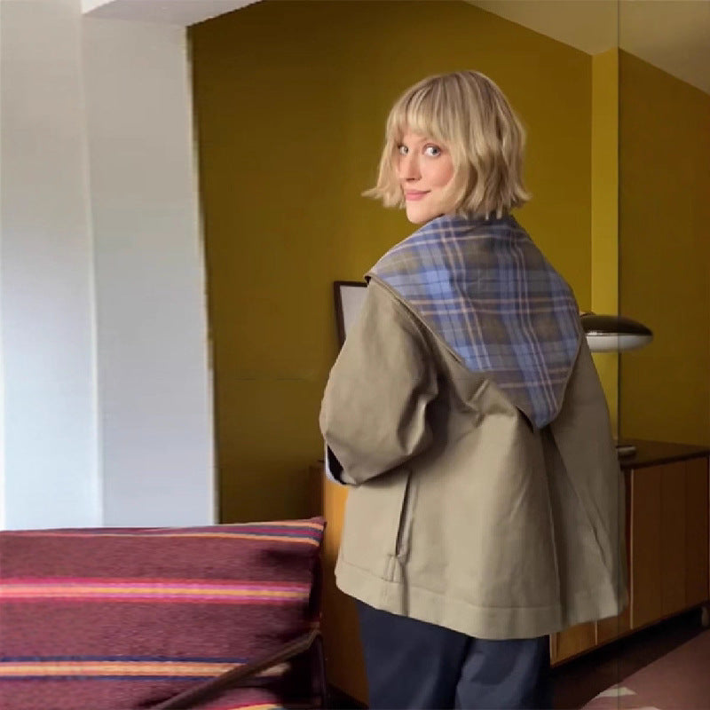 Elegant transitional jacket for women with multiple plaid patterns and embroidered details Lune London