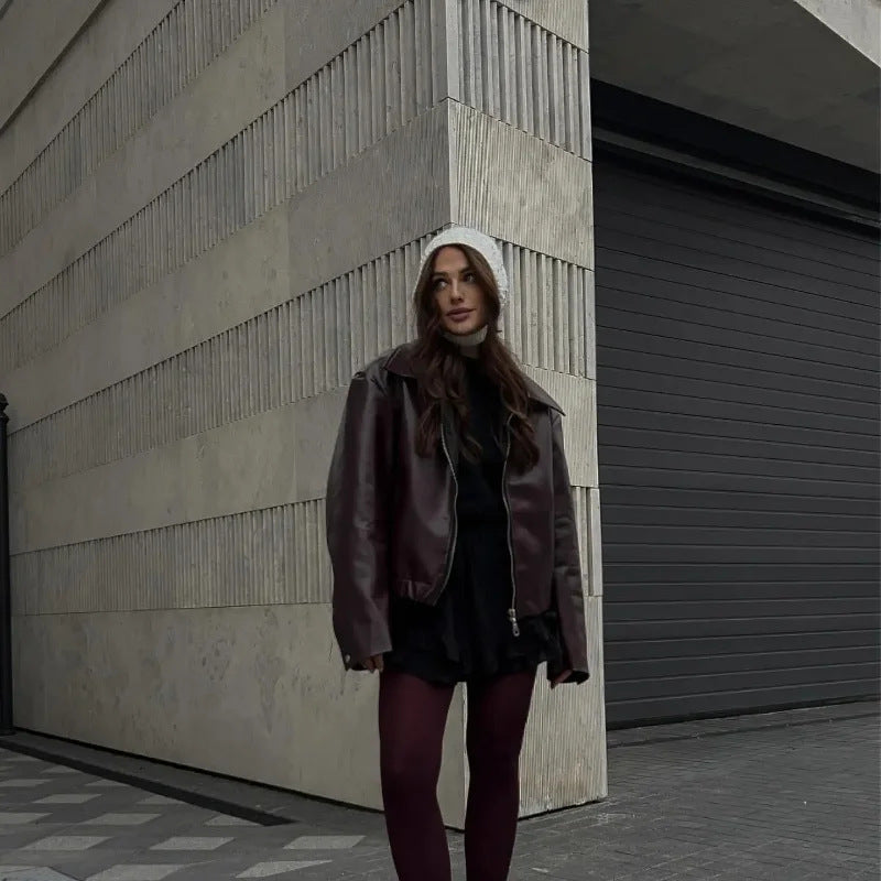 Ladies oversized synthetic leather jacket with wide collar and zipper Lune London