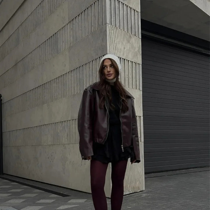 Ladies oversized synthetic leather jacket with wide collar and zipper Lune London