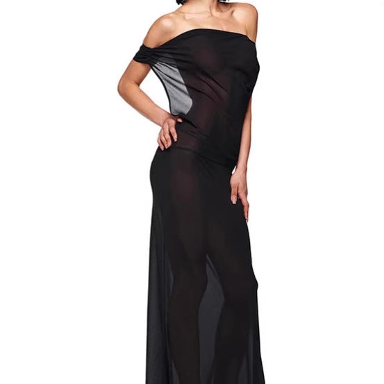 Ladies Elegant Maxi Dress with Asymmetrical Neckline and Chic Refined Bow Detail