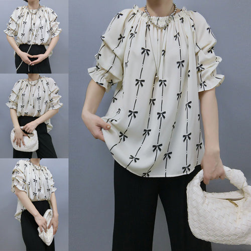 Blouse for women with ruffled sleeves and bow pattern Lune London