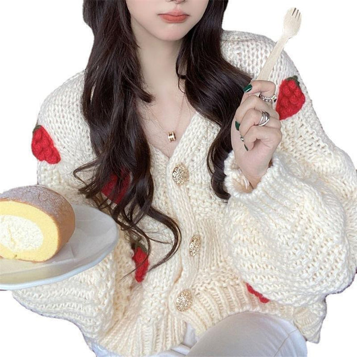 Ladies Chunky Knit Cardigan with Floral Embroidery and Sparkling Buttons Lune London