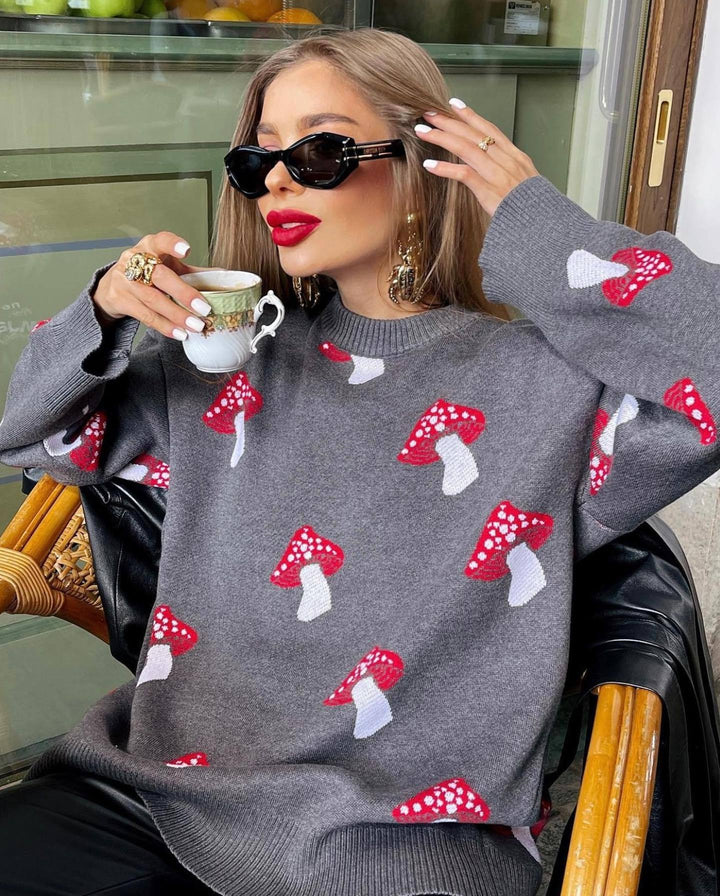 Knitted sweater for ladies with playful mushroom pattern Lune London