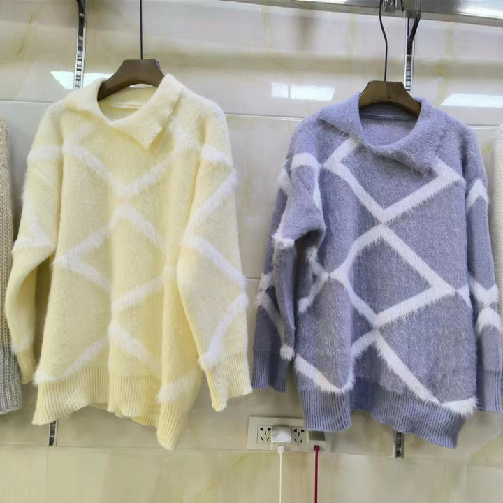 Ladies Large knitted sweater with geometric pattern and high collar Lune London
