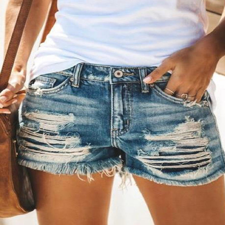 Women's Destroyed Denim Shorts in a Modern Look with Fringes Lune London
